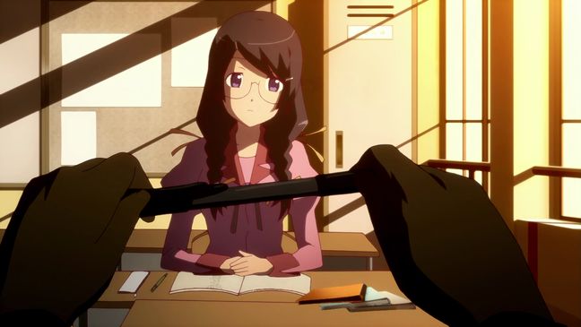 Bakemonogatari 01 Koyomi fiddles with pen