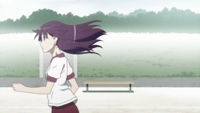 Bakemonogatari 01 Hitagi running in middle school